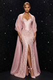 Sparkly Pink Sequins Strapless Corset Mermaid Evening Dress with Slit and Cloak