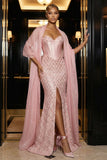 Sparkly Pink Sequins Strapless Corset Mermaid Evening Dress with Slit and Cloak
