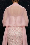 Sparkly Pink Sequins Strapless Corset Mermaid Evening Dress with Slit and Cloak