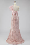 Pink Satin Mermaid Sequins Pearls One Shoulder Corset Long Prom Dress with Slit