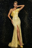 Sparkly Yellow Appliqued One Shoulder Ruffled Mermaid Evening Dress with Slit