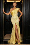 Sparkly Yellow Appliqued One Shoulder Ruffled Mermaid Evening Dress with Slit