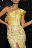 Sparkly Yellow Appliqued One Shoulder Ruffled Mermaid Evening Dress with Slit