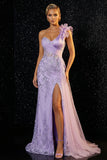 Sparkly Purple Appliqued Ruffled One Shoulder Mermaid Evening Dress with Slit