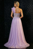 Sparkly Purple Appliqued Ruffled One Shoulder Mermaid Evening Dress with Slit