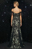 Sparkly Black Appliqued Cold Shoulder Mermaid Evening Dress with Slit