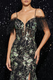 Sparkly Black Appliqued Cold Shoulder Mermaid Evening Dress with Slit