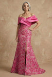 Fuchsia Floral Off The Shoulder Mermaid Long Mother of the Bride Dress with Slit