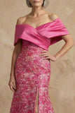 Fuchsia Floral Off The Shoulder Mermaid Long Mother of the Bride Dress with Slit