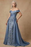 Off The Shoulder Beaded Dusty Blue Sequin Long Mother of the Bride Dress