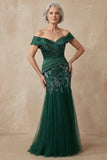 Dark Green Mermaid Off The Shoulder Long Mother of the Bride Dress with Sequins