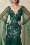 Sparkly Mermaid Dark Green Sequins Mother of the Bride Dress with Cape Sleeves