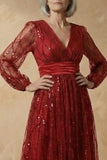 Burgundy A-Line Sequins Long Sleeves Mother of the Bride Dress