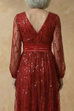 Burgundy A-Line Sequins Long Sleeves Mother of the Bride Dress