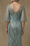 Sparkly Grey Green Mermaid Half Sleeves Sequins Mother of the Bride Dress with Slit