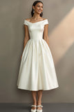 Zapaka Women Simple White Midi Engagement Dress Off the Shoulder A Line Bridal Dress