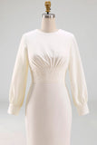 Simple White Sheath Crew Neck Midi Engagement Dress with Sleeves