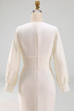 Simple White Sheath Crew Neck Midi Engagement Dress with Sleeves