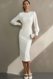 Simple White Sheath Crew Neck Midi Engagement Dress with Sleeves