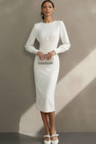 Simple White Sheath Crew Neck Midi Engagement Dress with Sleeves