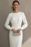 Simple White Sheath Crew Neck Midi Engagement Dress with Sleeves