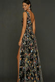 Floral Mauve One Shoulder A Line Long Formal Dress with Slit