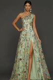 Floral Mauve One Shoulder A Line Long Formal Dress with Slit