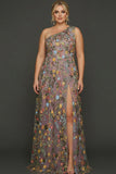 Floral Mauve One Shoulder A Line Long Formal Dress with Slit