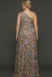 Floral Mauve One Shoulder A Line Long Formal Dress with Slit