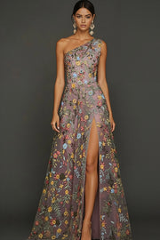 Floral Mauve One Shoulder A Line Long Formal Dress with Slit