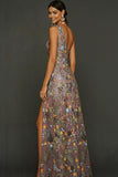 Floral Mauve One Shoulder A Line Long Formal Dress with Slit