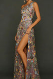 Floral Mauve One Shoulder A Line Long Formal Dress with Slit