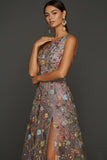 Floral Mauve One Shoulder A Line Long Formal Dress with Slit