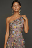 Floral Mauve One Shoulder A Line Long Formal Dress with Slit