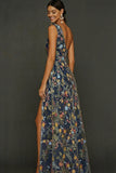 Floral Mauve One Shoulder A Line Long Formal Dress with Slit