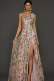 Floral Mauve One Shoulder A Line Long Formal Dress with Slit