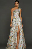 Floral Mauve One Shoulder A Line Long Formal Dress with Slit