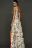 Floral Mauve One Shoulder A Line Long Formal Dress with Slit