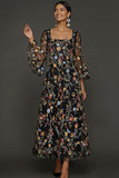 Mauve Floral A Line Embroidered Flutter Sleeves Long Formal Dress