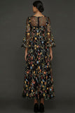 Mauve Floral A Line Embroidered Flutter Sleeves Long Formal Dress