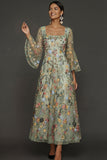 Mauve Floral A Line Embroidered Flutter Sleeves Long Formal Dress