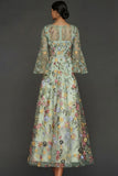 Mauve Floral A Line Embroidered Flutter Sleeves Long Formal Dress