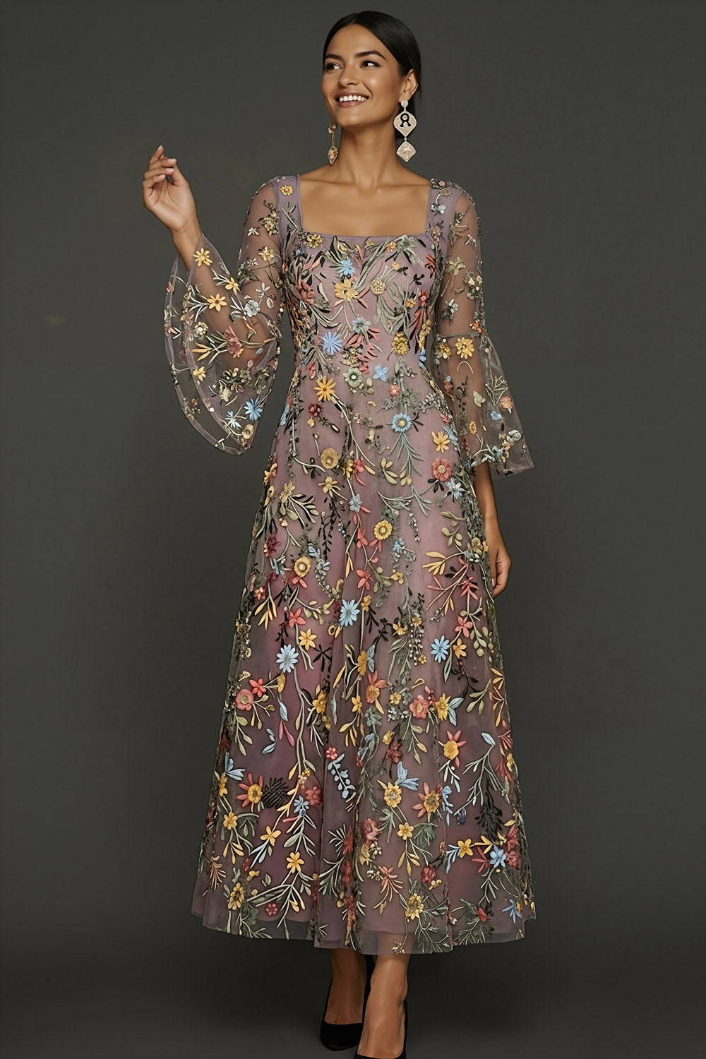 Zapaka Women Mauve Floral Long Formal Dress Embroidered Square Neck Flutter  Sleeves A Line Wedding Guest Dress – ZAPAKA AU