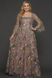 Mauve Floral A Line Embroidered Flutter Sleeves Long Formal Dress