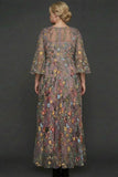 Mauve Floral A Line Embroidered Flutter Sleeves Long Formal Dress