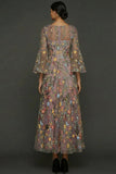 Mauve Floral A Line Embroidered Flutter Sleeves Long Formal Dress