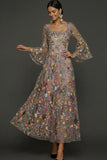 Mauve Floral A Line Embroidered Flutter Sleeves Long Formal Dress