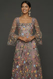 Mauve Floral A Line Embroidered Flutter Sleeves Long Formal Dress