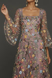 Mauve Floral A Line Embroidered Flutter Sleeves Long Formal Dress