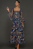 Mauve Floral A Line Embroidered Flutter Sleeves Long Formal Dress